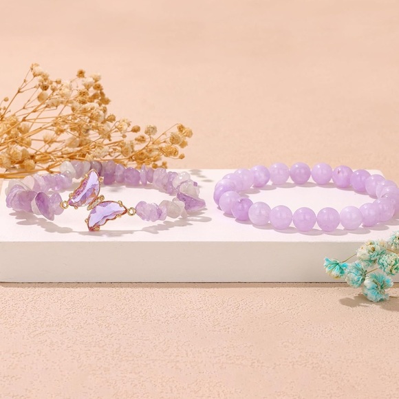 🆕New Purple Jade Crystal Bracelet Set with Butterfly Charm - Picture 2 of 6